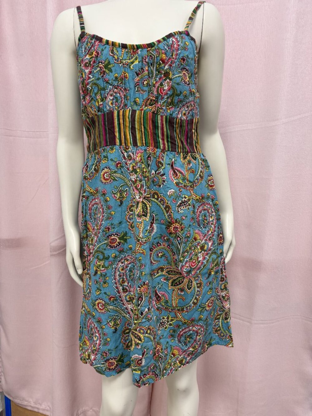 Pink Cattlelac Dress Large Blue Paisley Boho Western Striped Waist Sundress